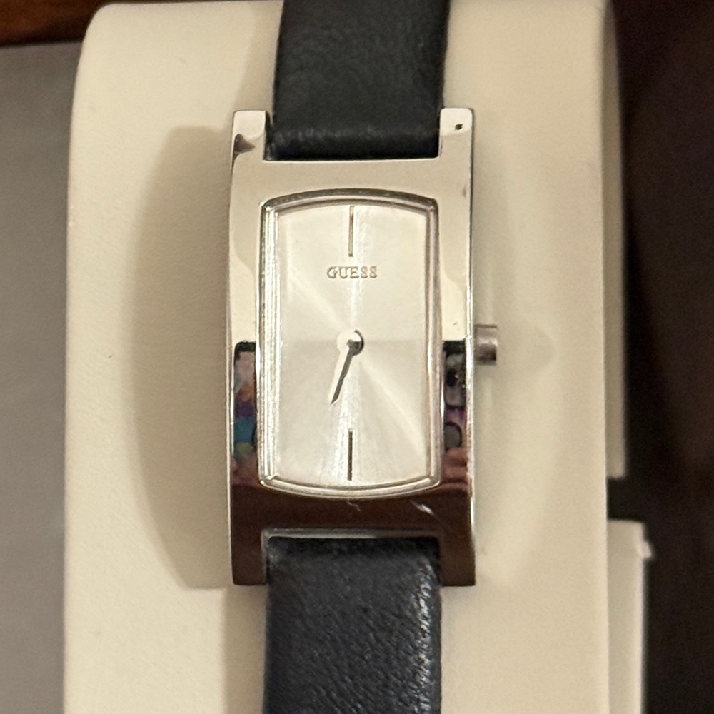 Guess Silver Dial Black Leather Strap Women's Watch with New Battery